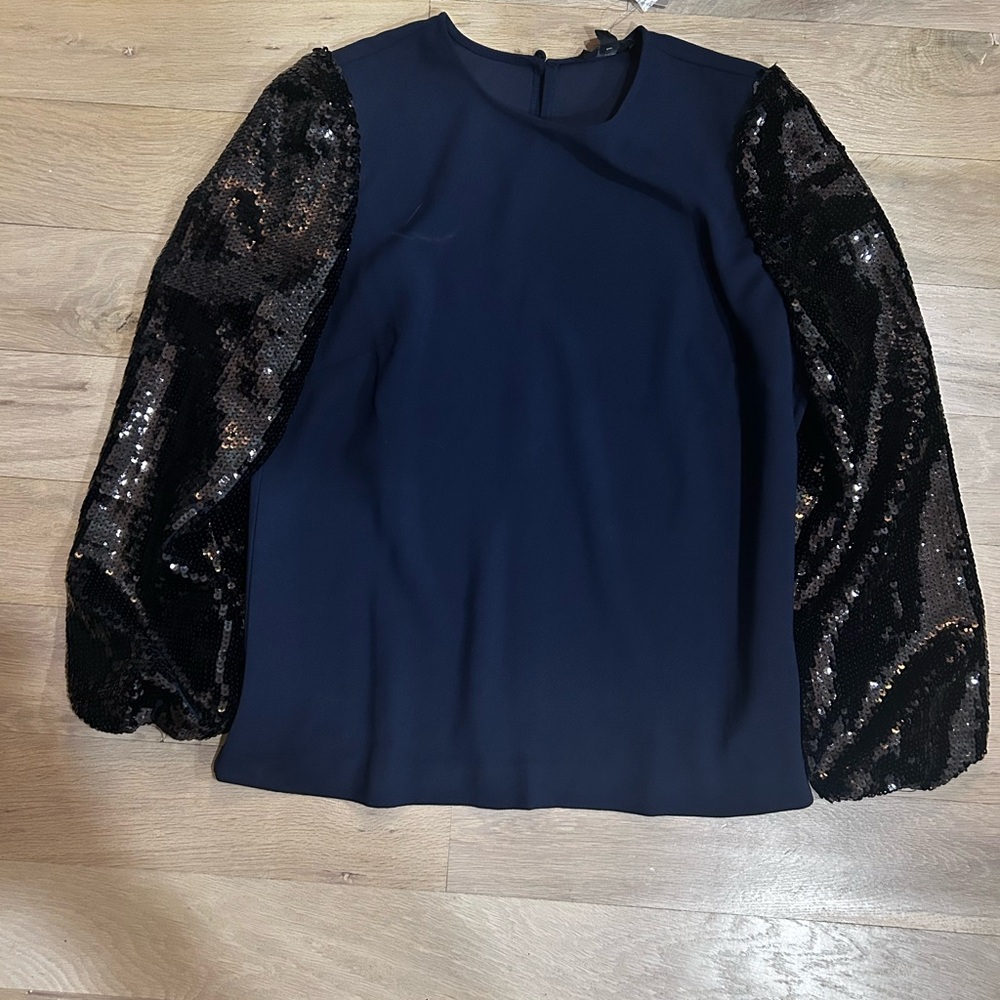 J. Crew Navy Blouse with Black Sequin Sleeves